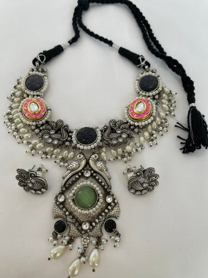 Peacock Splendor Stone Necklace with Earrings