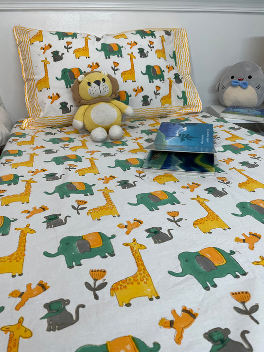 Jungle Friends Handblock Printed Cotton Bedsheet