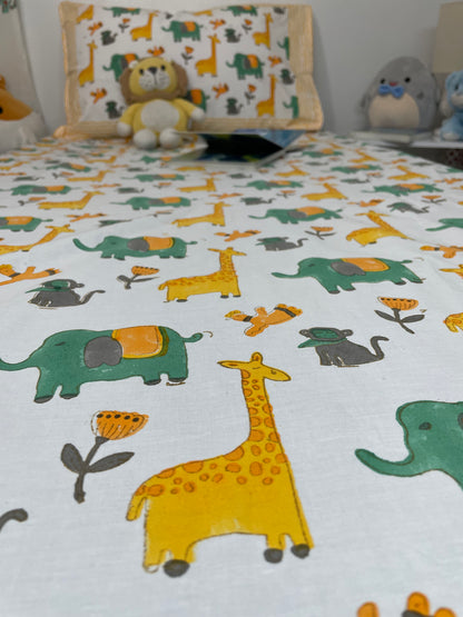 Jungle Friends Handblock Printed Cotton Bedsheet