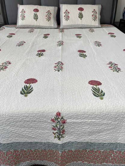 Heritage Elegance Handblock printed Reversible Mulmul quilted Bedcover - Quilted Pillow cover Included