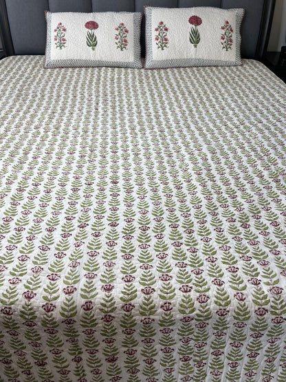 Heritage Elegance Handblock printed Reversible Mulmul quilted Bedcover - Quilted Pillow cover Included