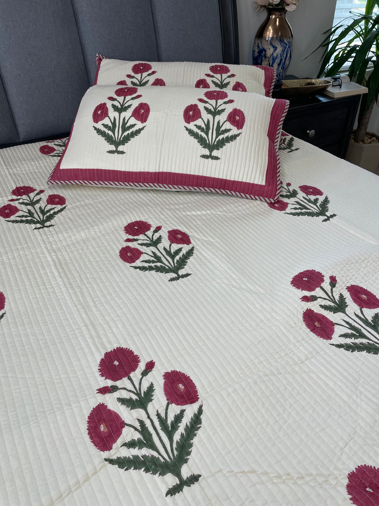 Timeless Impressions Handblock printed Reversible Mulmul quilted Bedcover - Quilted Pillow cover Included