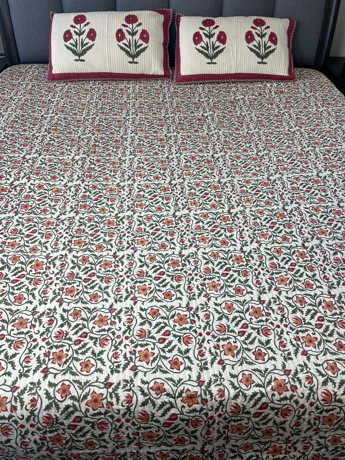 Timeless Impressions Handblock printed Reversible Mulmul quilted Bedcover - Quilted Pillow cover Included