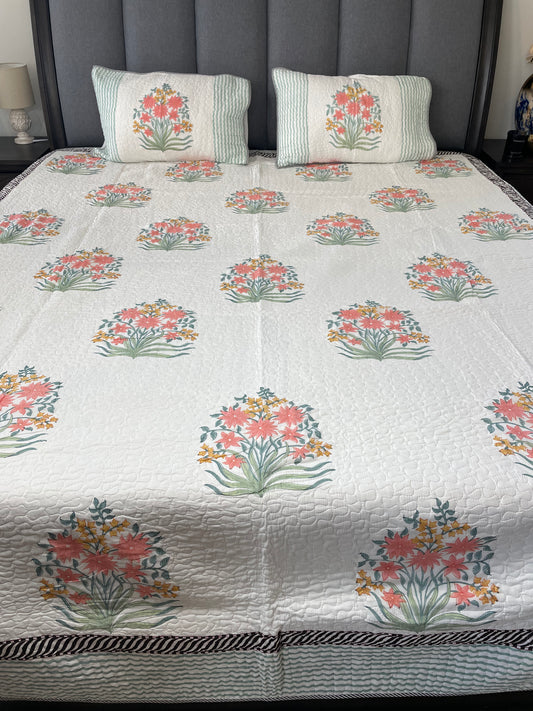 Artisan Aura Handblock printed Reversible Mulmul quilted Bedcover - Quilted Pillow cover Included