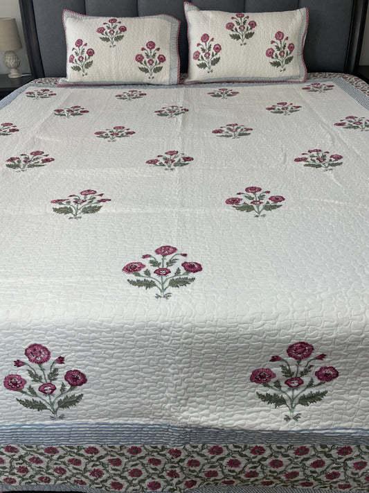 Floral Symphony Handblock printed Reversible Mulmul quilted Bedcover - Quilted Pillow cover Included