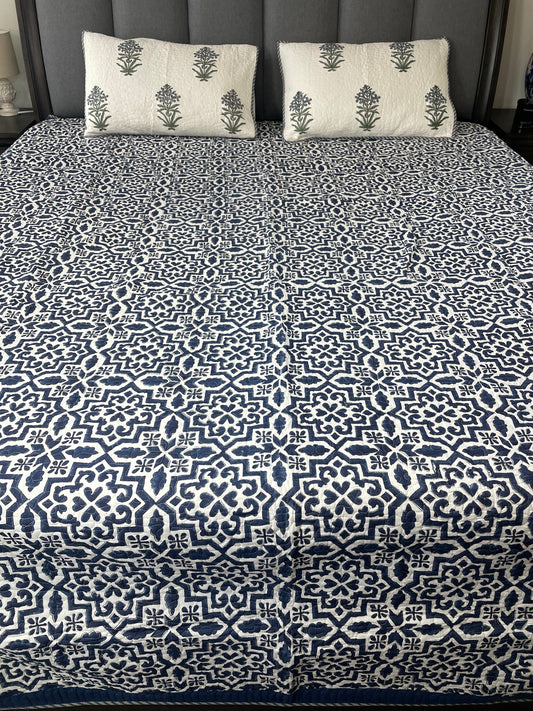 Blue Horizon Handblock printed Reversible Mulmul quilted Bedcover - Quilted Pillow cover Included