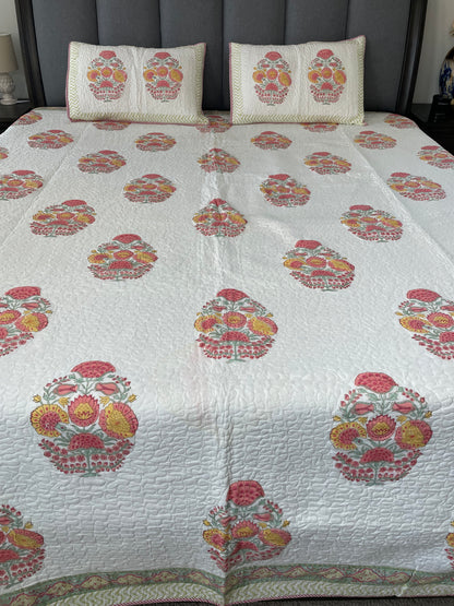 Vintage Bloom Handblock printed Reversible Mulmul quilted Bedcover - Quilted Pillow cover Included