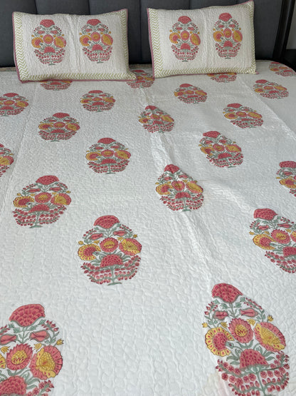 Vintage Bloom Handblock printed Reversible Mulmul quilted Bedcover - Quilted Pillow cover Included