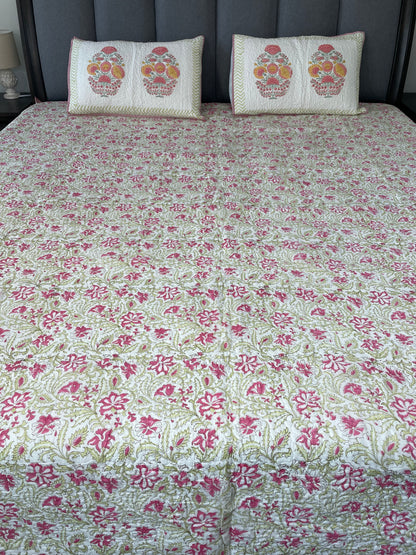 Vintage Bloom Handblock printed Reversible Mulmul quilted Bedcover - Quilted Pillow cover Included