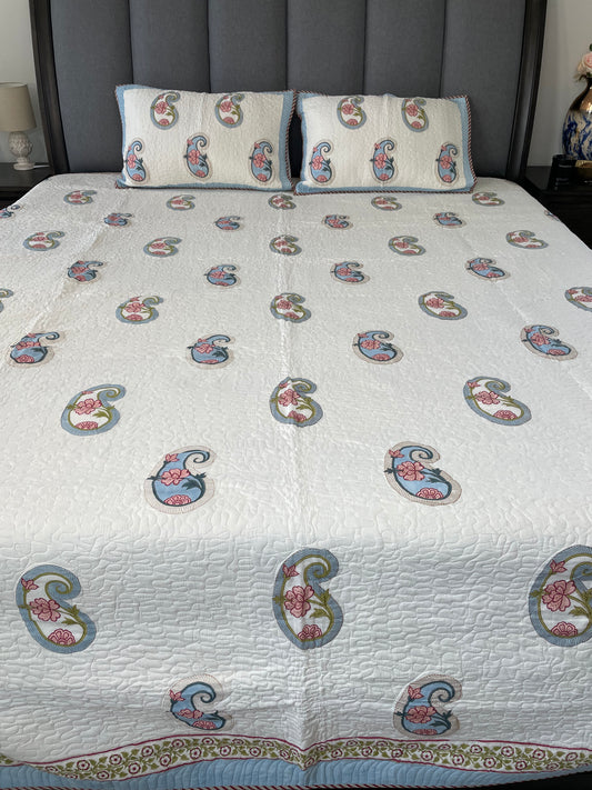 Eternal Craft Handblock printed Reversible Mulmul quilted Bedcover - Quilted Pillow cover Included